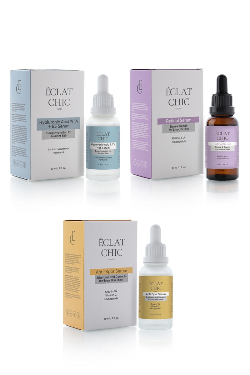Canlandırıcı ve Sıkılaştırıcı Set (Hyaluronic Acid Serum + Retinol Serum + Anti-Spot Serum)
