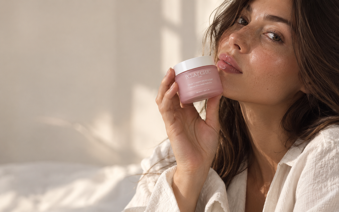 Glow Cream Moisturizer kavanozunu yanağına tutan kadın