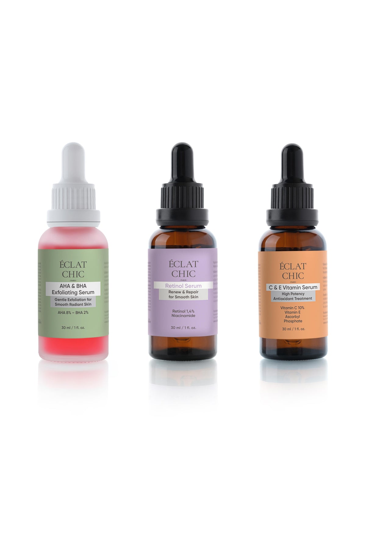 Cilt Yenileyici ve Aydınlatıcı Set (AHA & BHA Serum + Retinol Serum + C&E Vitamin Serum)
