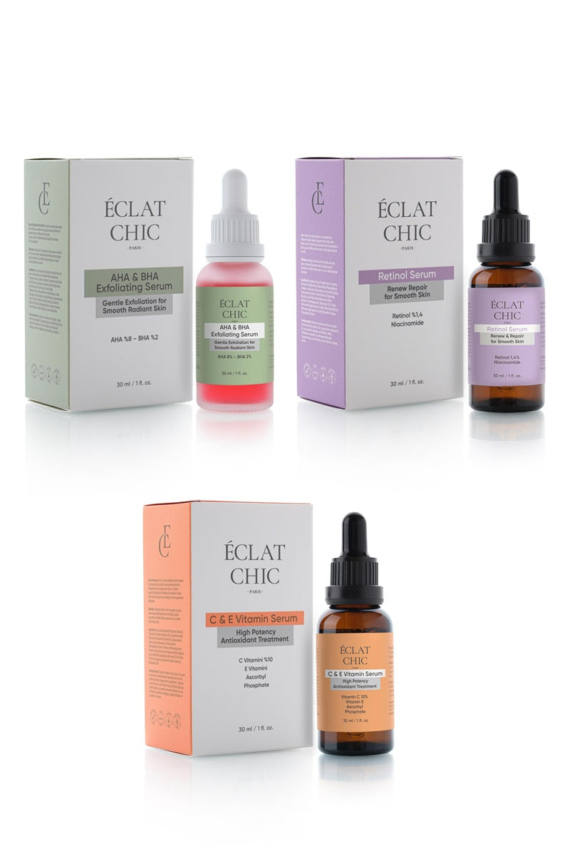 Cilt Yenileyici ve Aydınlatıcı Set (AHA & BHA Serum + Retinol Serum + C&E Vitamin Serum)