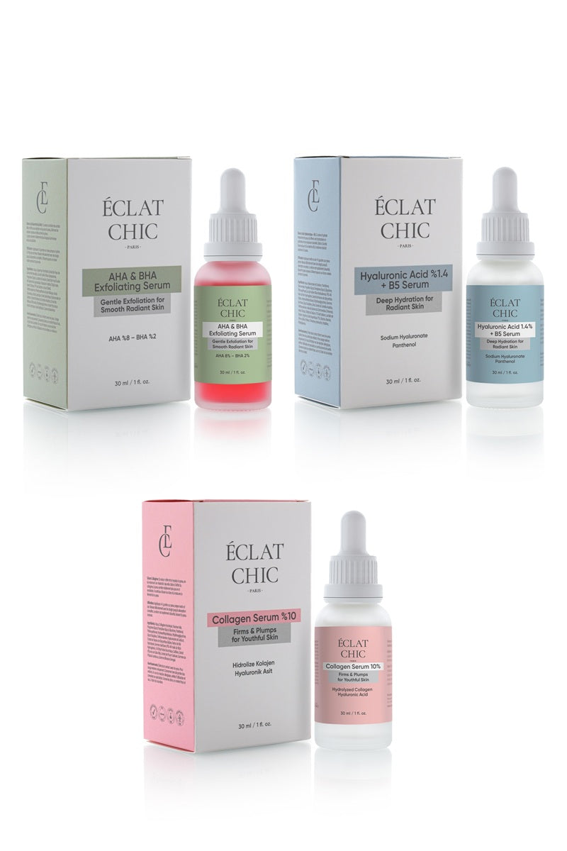 Cilt Yenileyici ve Canlandırıcı Set (AHA & BHA Serum + Hyaluronic Acid Serum + Collagen Serum)