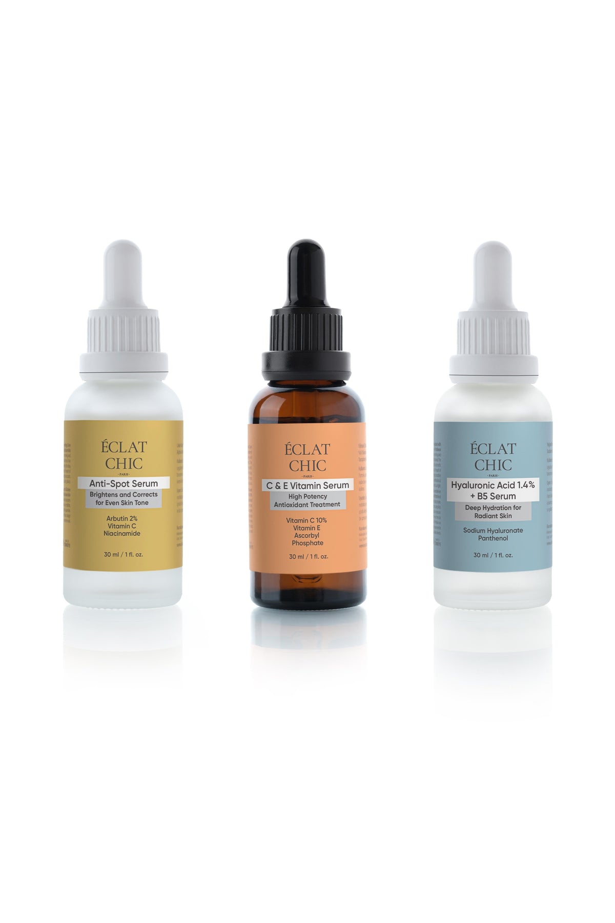 Leke Karşıtı ve Aydınlatıcı Set (Anti-Spot Serum + C&E Vitamin Serum + Hyaluronic Acid Serum)
