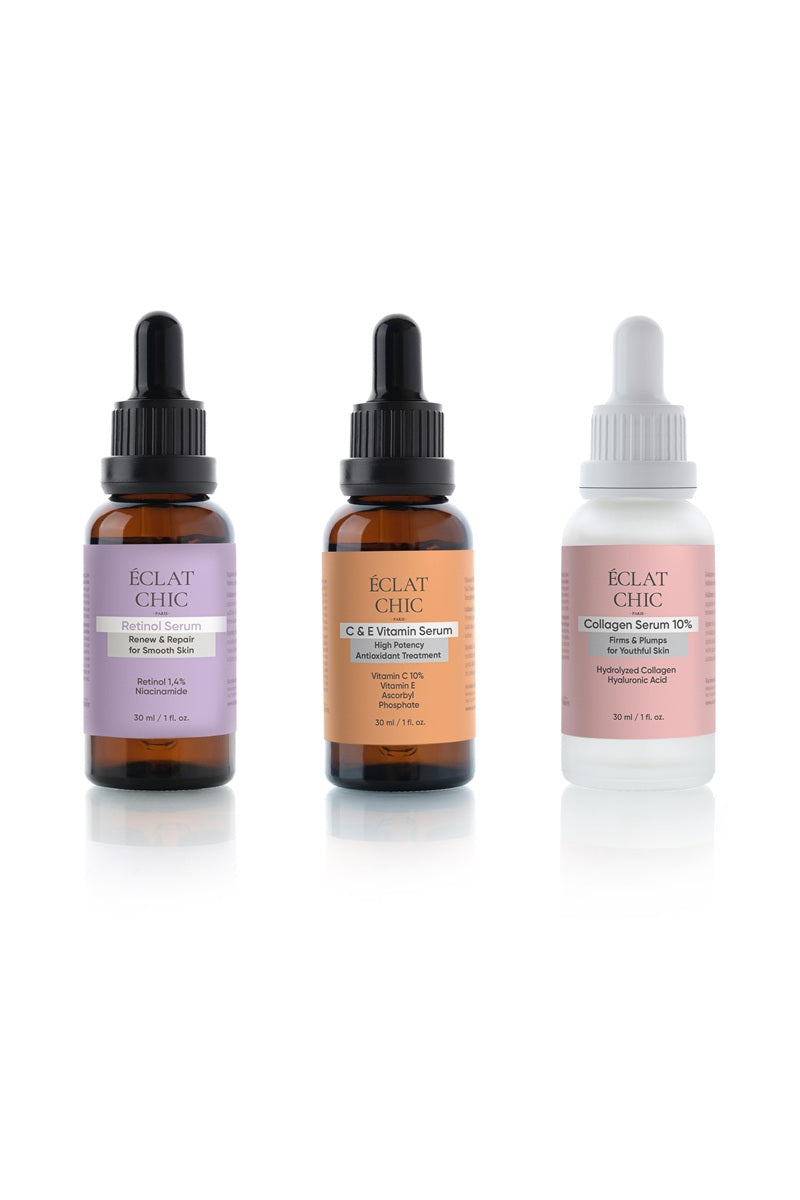 Yaşlanma Karşıtı ve Canlandırıcı Set (Retinol Serum + C&E Vitamin Serum + Collagen Serum)