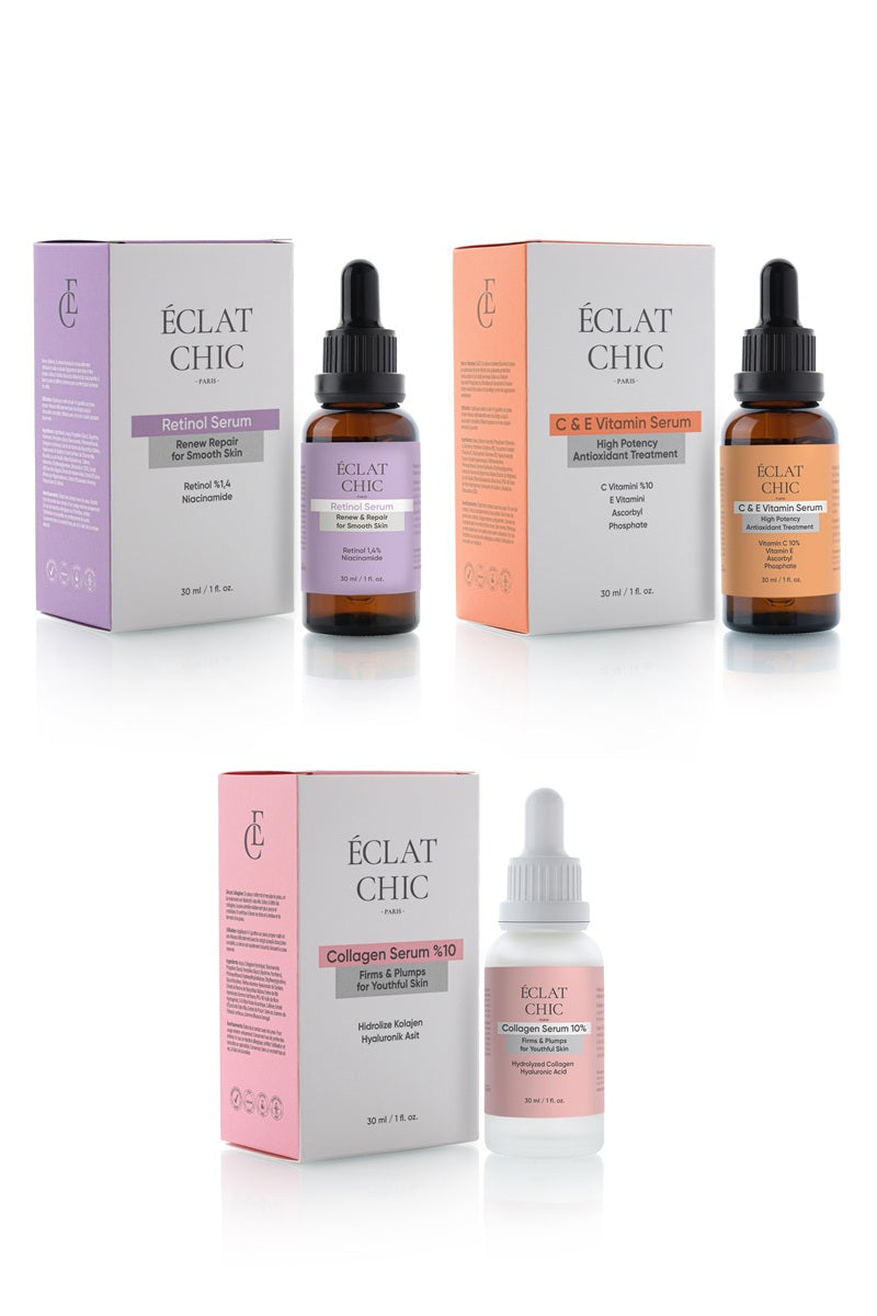 Yaşlanma Karşıtı ve Canlandırıcı Set (Retinol Serum + C&E Vitamin Serum + Collagen Serum)