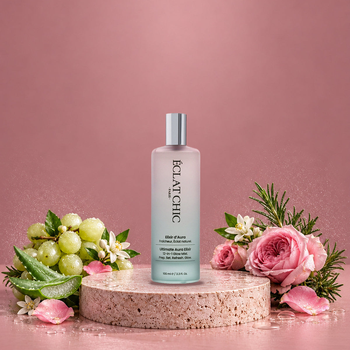 Ultimate Aura Elixir Mist; gül, aloe vera, üzüm ve portakal çiçeği arasında