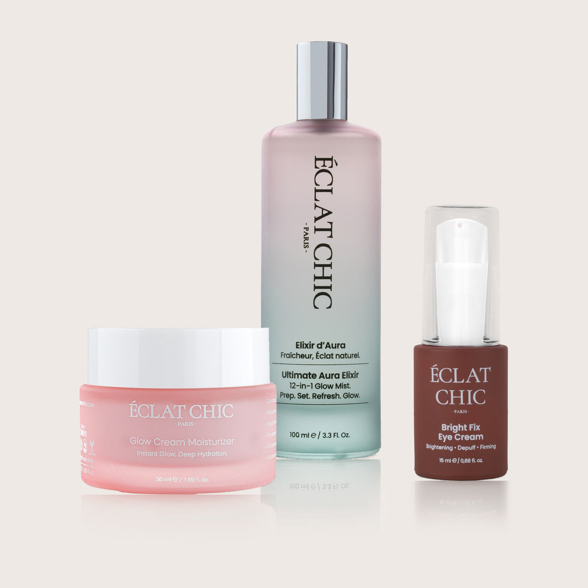Glow Cream Moisturizer, Ultimate Aura Elixir ve Bright Fix Eye Cream